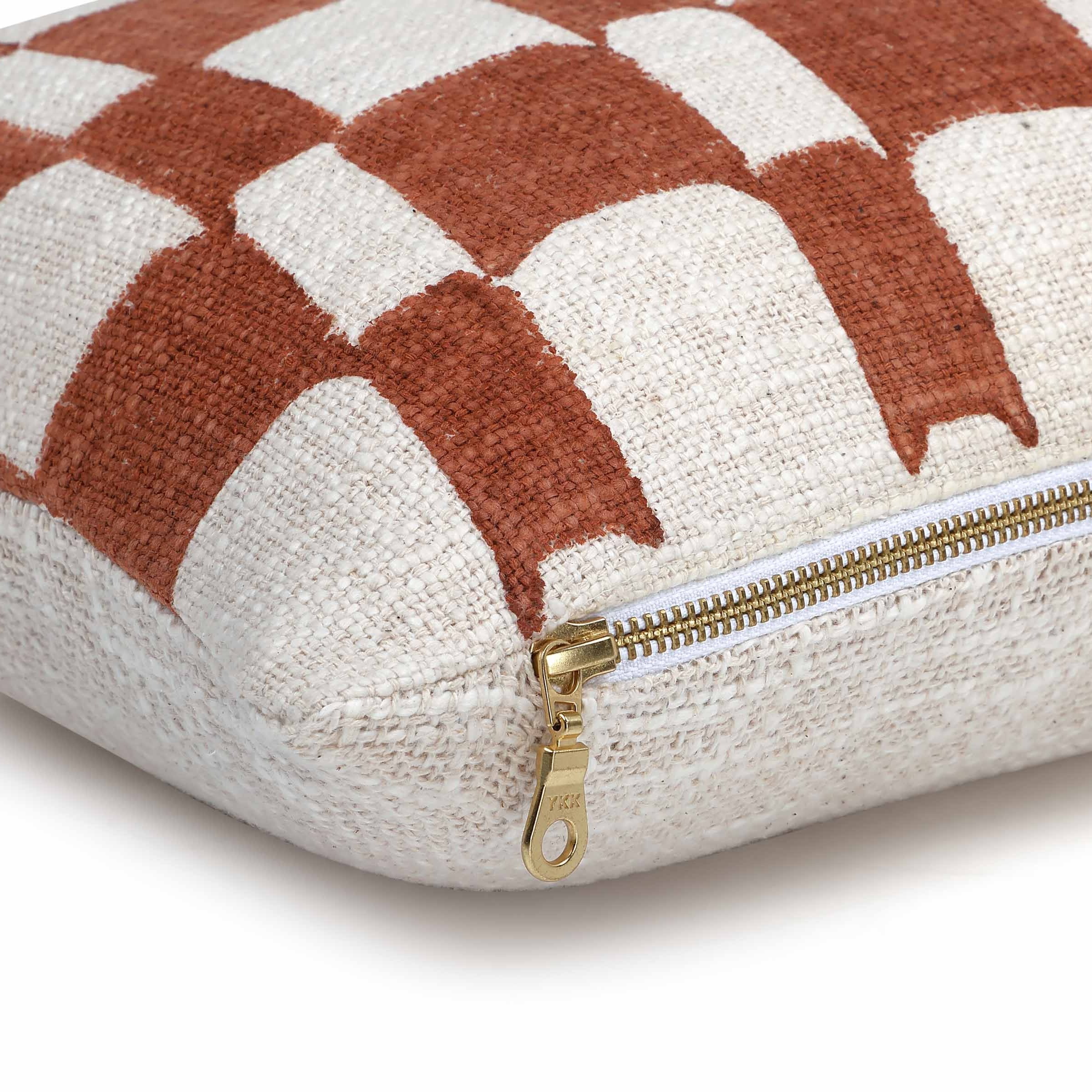 Checkered Block Printed Pillow - Rust - NuStory