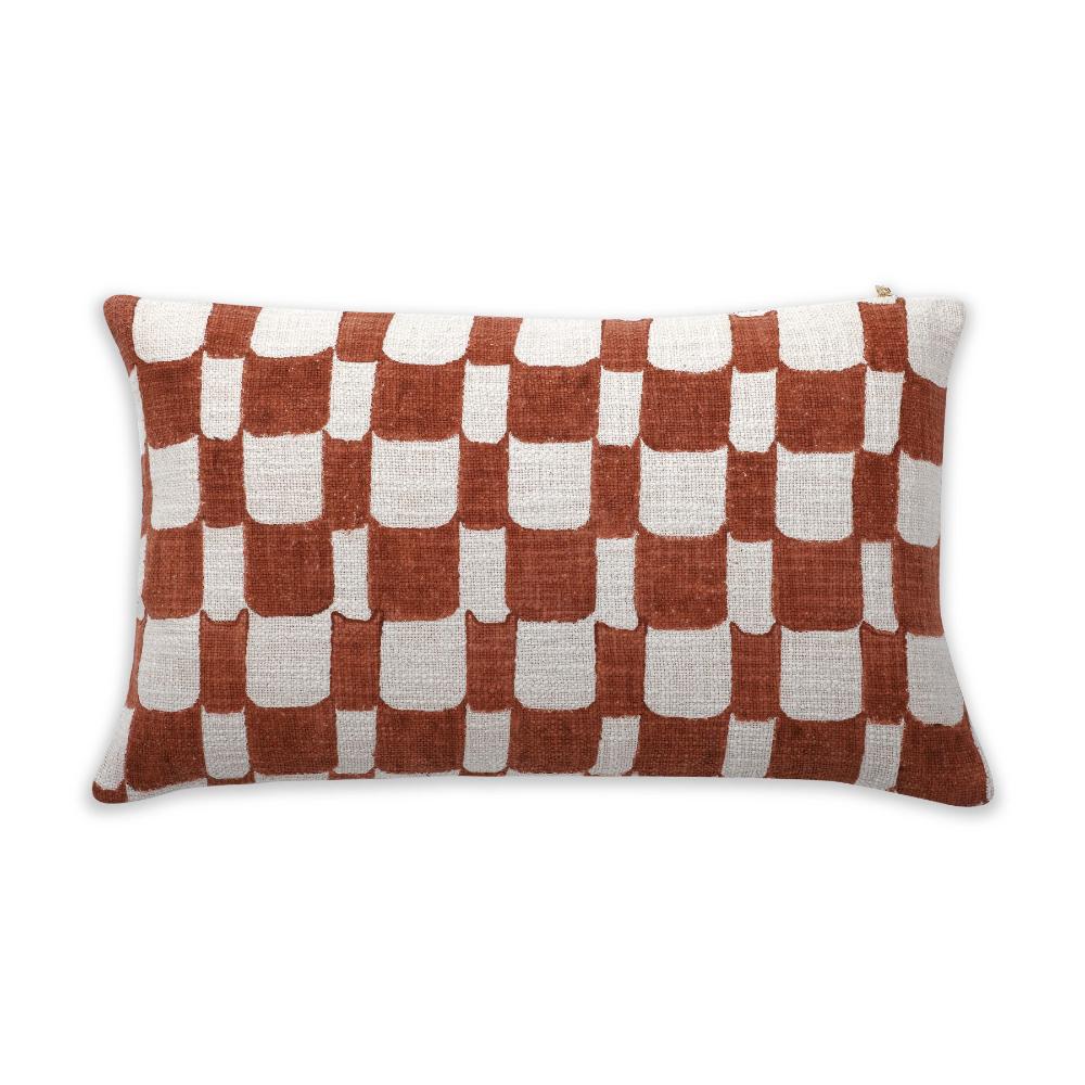Checkered Block Printed Pillow - Rust - NuStory