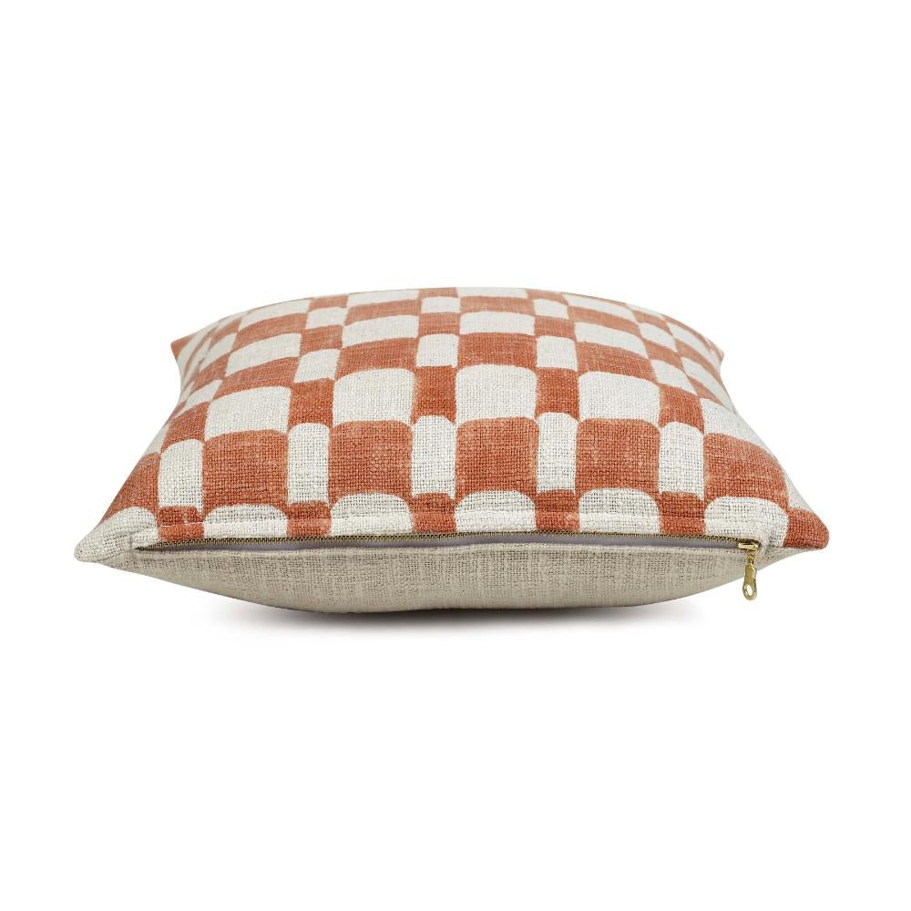 Checkered Block Printed Pillow - Rust - NuStory